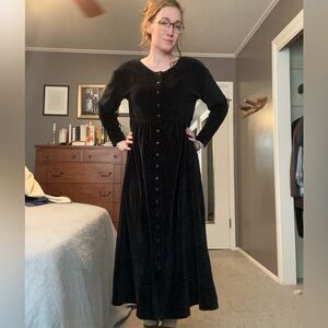 Vintage Velvet Black Button-Down Maxi Dress